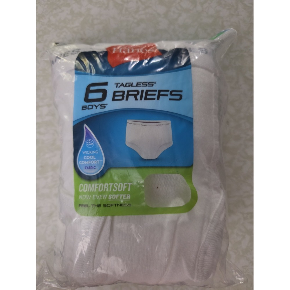 Hanes Boys White Tagless Briefs 6 Pack Size Large 14-16 Cotton Underwear NEW